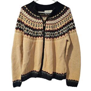 Marisa Christina Sweater Hand Knit Fair Isle Tan Black Ramie Cotton Zip Up